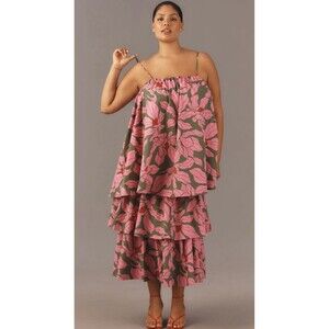 Anthropologie Corey Lynn Calter Midi Dress Pink Floral Tier Vacay City Small NWT